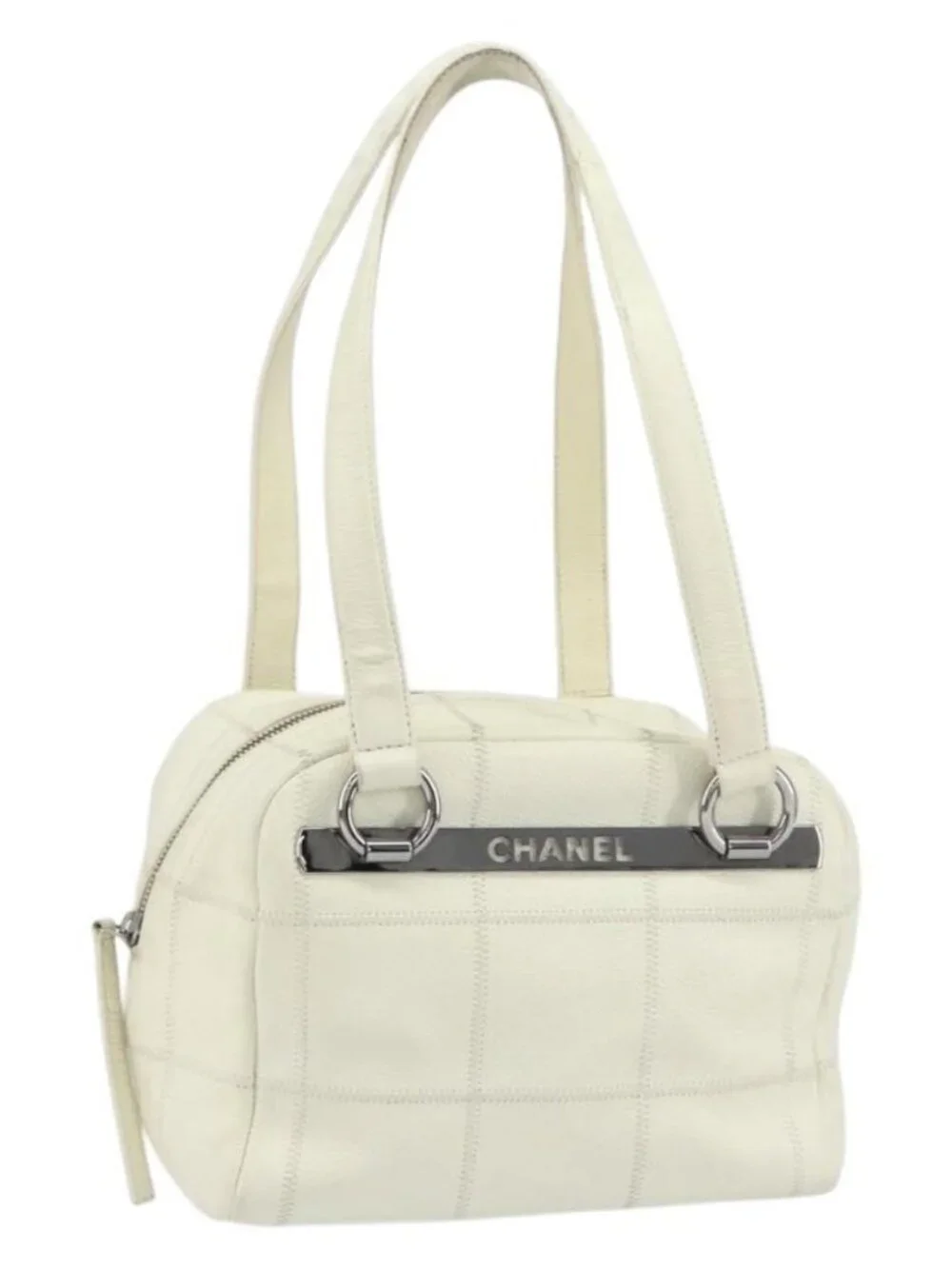 CHANEL Choco Bar Shoulder Bag Grained Calf Skin White Silver CC Auth bs30605